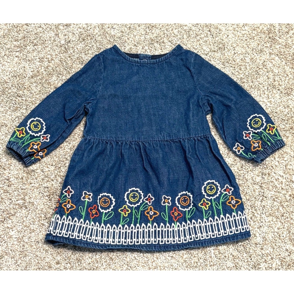 Stella McCartney Girls Denim Dress 6 Month 6M Embroidered Flower Garden Long Sl